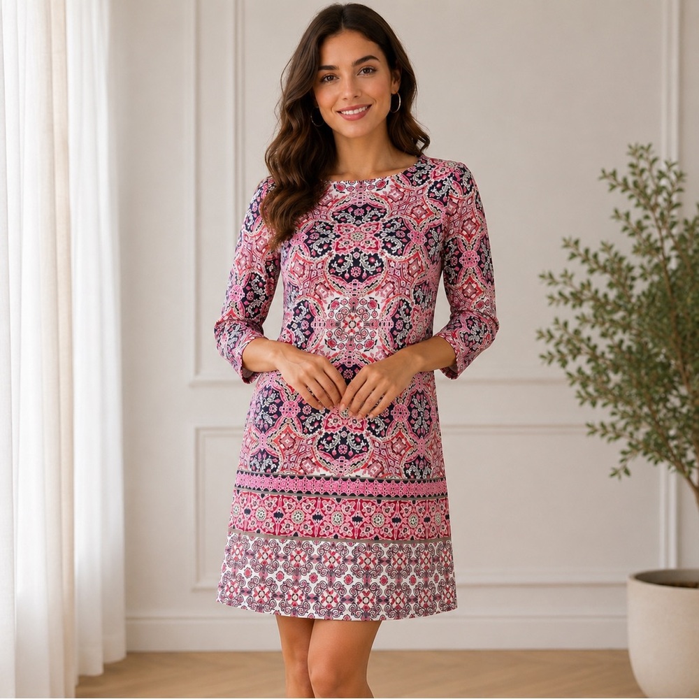 Wisp Paisley Shift Mini Dress Size 2 Pink Black 3/4 Sleeve Floral Knit Boat Neck